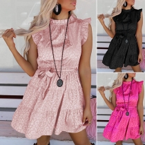 Fashion Printed Ruffled Mock Neck Sleeveless Self-tie Dress
