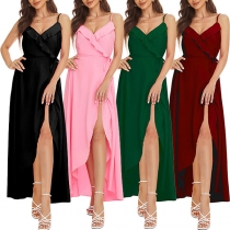 Fashion Solid Color Ruffled V-neck Self-tie Slit Dress