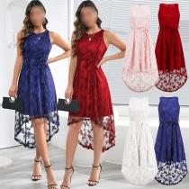 Fashion Butterfly Lace Spliced Round Neck Sleeveless Self-tie High-low Hemline Dress