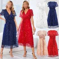 Elegant Leaf Embroidery Gauze Spliced -neck Short Sleeve Self-tie Dress