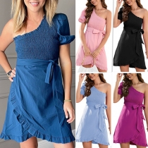 Sexy One-shoulder Short Sleeve Self-tie Ruffled Slit Dress