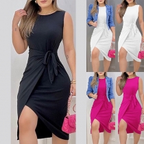 Elegant Solid Color Round Neck Self-tie Slit Bodycon Dress