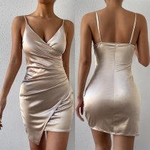 Sexy Ruched V-neck Irregular Hemline Bodycon Slip Dress