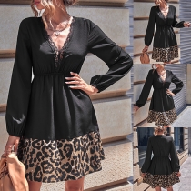 Fashion Lace Spliced V-neck Long Sleeve Leopard Printed Hemline Dress
