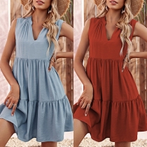 Fashion Solid Color V-neck Tiered Dress
