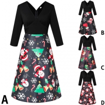 Fashion Printed V-neck Long Sleeve Christmas Dress