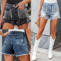 Fashion Old-washed Distressed Chain Tassel Denim Shorts