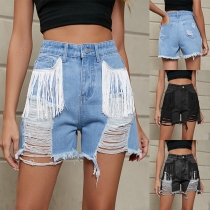 Fashion Heavy Distressed Tassel Denim Shorts