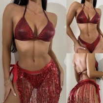 Fashion Sequin Tassel Bikini Set Consist of Self-tie Bikini Top, Low-rise Bikini Bottom and Cover-up Tassel Skirt