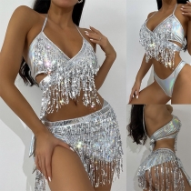 Sexig glittrande paljett-trekantsbikini med tofsar