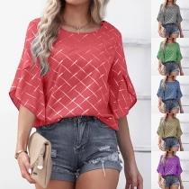 Casual Diamond Printed Round Neck Elbow Sleeve Shirt