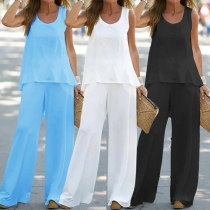 Fashion Solid Color Two-piece Set Consist of Sleeveless Shirt and Wide-leg Pants