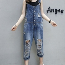 Loose Fit Cropped Jumpsuit Denim Overall Romper