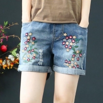 Retro blommiga Broderi Denim Shorts med rullfåll