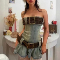 Retro Distressed Tube Top Miniklänning med stort bälte Slim denim kjol