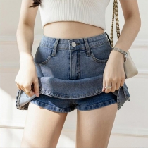 Dubbla lager jeanskjol med avtagbara innershorts Snygg jeanskjol