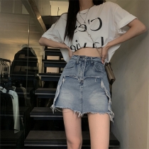 High Waist A Line jeanskjol Distressed Jean-kjol med sliten fåll