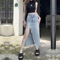 Oregelbunden slits denimskjorta klänning distressed button Down Jean-klänning med asymmetrisk nederkant