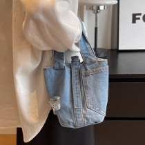 Distressed Blue Jeans Ripped Denim Bucket Tote Bag