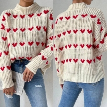 Modekontrast Färg Hjärtmönster Turtleneck Långärmad Stickad Tröja