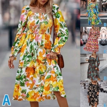 Fashion Smocked Printed Square Neck Long Sleeve Midi Dress