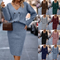 Fashion Knitted Two-piece Set Consist of Double-breasted Cardigan and Slit Skirt
