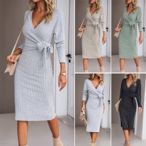 Fashion Solid Color V-neck Long Sleeve Self-tie Wrap Dress