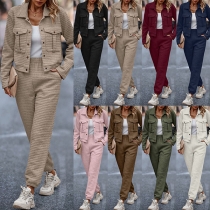 Fashion Diamond pattern Two-piece Suit Set Consist of Crop Jacket and Pants