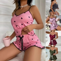 Comfy Contrast Color Heart Printed Two-piece Pajamas Set