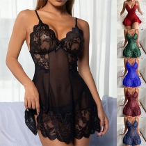 Sexy Lace Spliced V-neck Backless Nightwear Dress