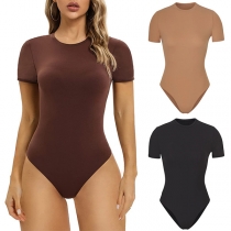 Fashion Solid Color Round Neck Short Sleeve Slim Fit Bodysuit