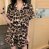 Leopardtryckt kort pyjamasset Lös kortärmad topp och shorts