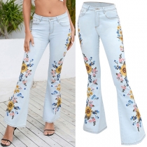Street Fashion Floral Embroidered Wide Leg Jeans