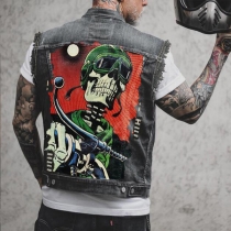 Vintage Style Grönt skalletryck Denim Motorcykelväst Ärmlös ridjacka