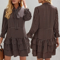 Fashion Printed Self-tie Long Sleeve Ruffled Tiered Dress