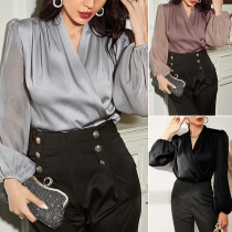 Elegant Gauze Spliced Long Sleeve V-neck Shirt