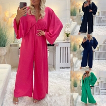Street Fashion Solid Color V-neck Batwing Sleeve Wide-leg Loose Jumpsuit