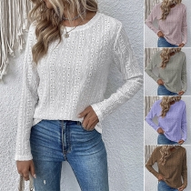 Fashion Round Neck Long Sleeve Hollowout Lace Shirt