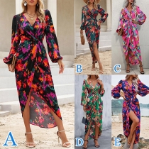 Street Fashion Floral Printed V-neck Long Sleeve Slit Irregular Hemline Midi Dress