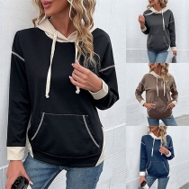 Casual Contrast Color Kangaroo Pockets Drawstring Hooded Sweatshirt