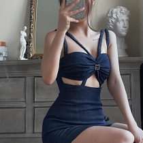 Trendig Denim Halter Sling Klänning med axelremmar och omlott halsringning