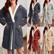 Stylish Self-tie Plush Longwear Robe with Contrast Color Design