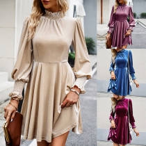 Elegant Solid Color Smocked Mocked Neck Long Sleeve Mini Dress