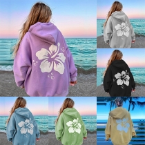 Street Fashion Leaf Printed Drawstring Hooded Sweatshirt