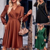 Fashion Solid Color V-neck Gauze Spliced Long Sleeve Dress