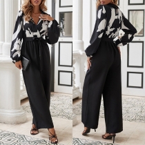 Fashion Printed V-neck Long Sleeve Self-tie Wide-leg Jumpsuit