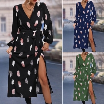 Fashion Leaves Printed V-neck Long Sleeve Slit Self-tie Wrap Dress