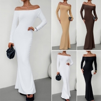 Elegant Sexig Ensfärgad Off-shoulder Maxiklänning med Långa ärmar