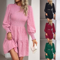 Elegant Smocked Round Neck Long Sleeve Mini Dress