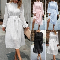 Elegant Swiss-dot Long Sleeve Self-tie Midi Dress